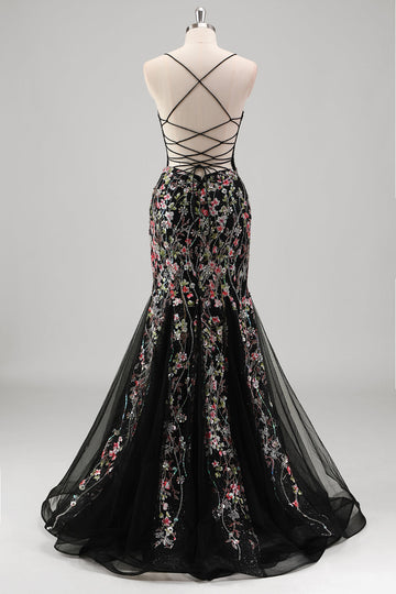 Black Beaded Mermaid Spaghetti Straps Floral Tulle Prom Dress